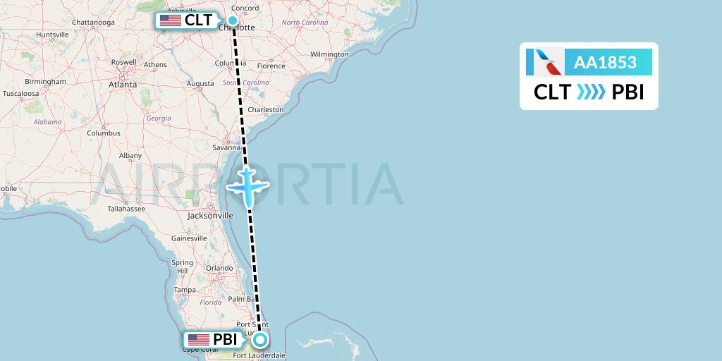 AA1853 American Airlines Flight Map: Charlotte to West Palm Beach