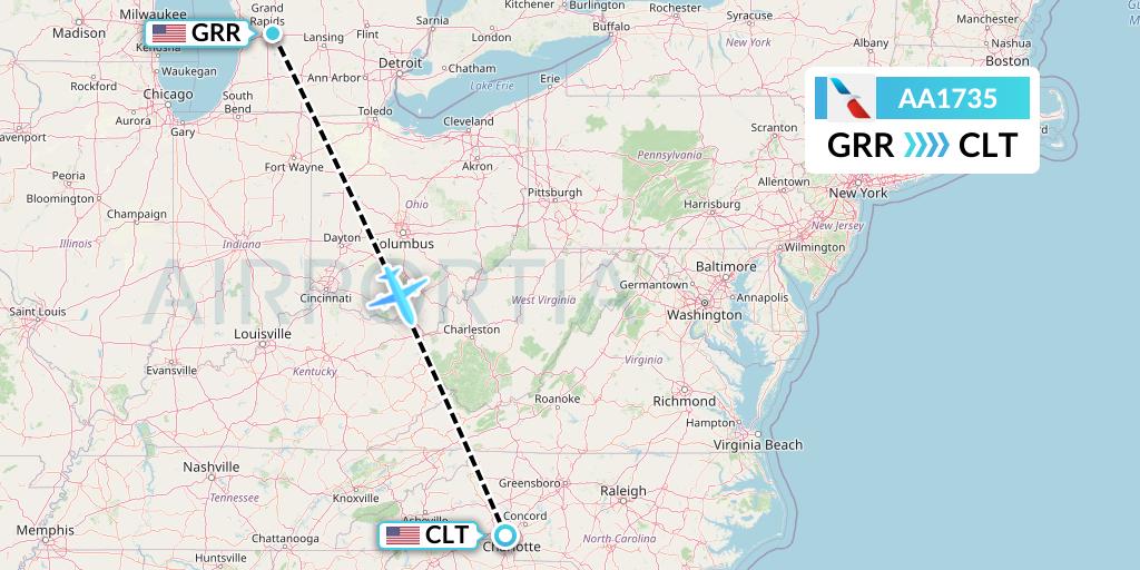 AA1735 American Airlines Flight Map: Grand Rapids to Charlotte