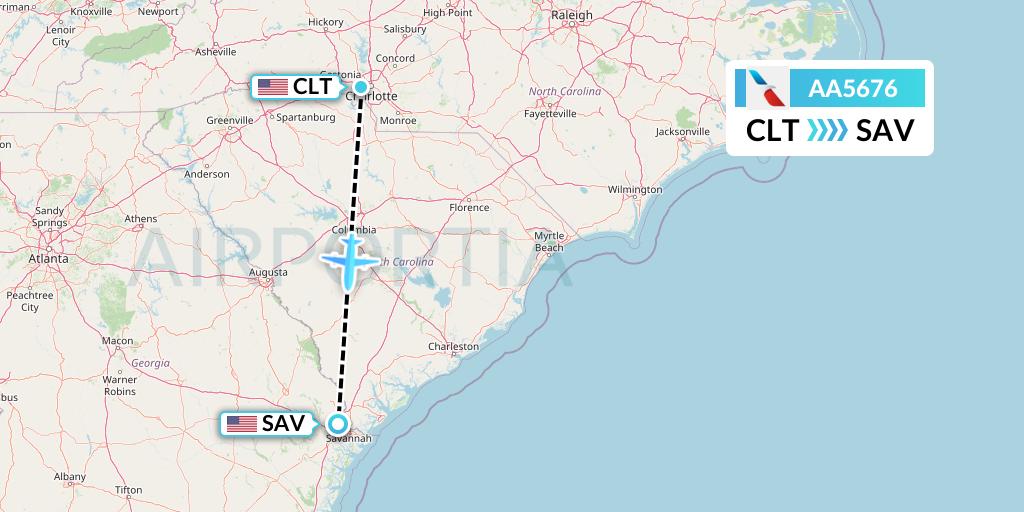 AA5676 American Airlines Flight Map: Charlotte to Savannah
