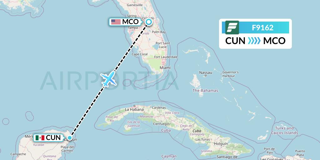 F9162 Frontier Airlines Flight Map: Cancun to Orlando