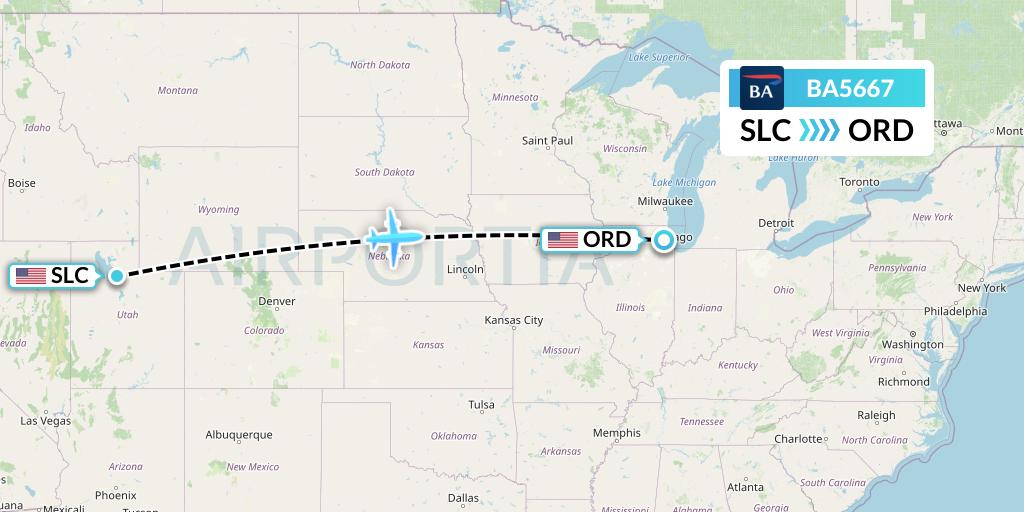 BA5667 British Airways Flight Map: Salt Lake City to Chicago