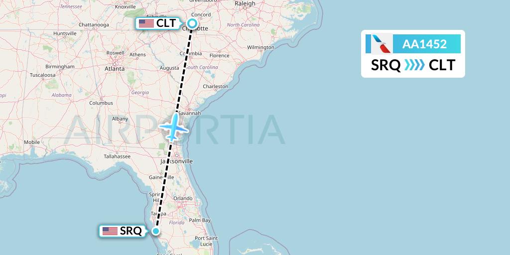 AA1452 American Airlines Flight Map: Sarasota to Charlotte