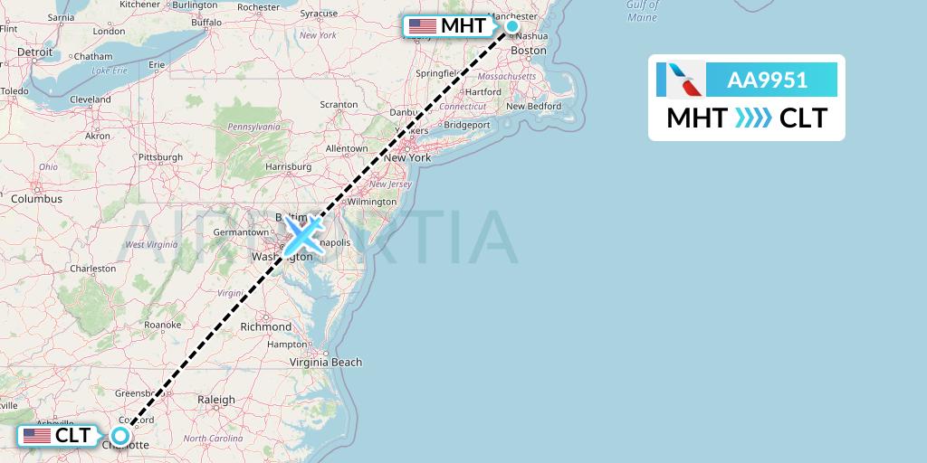 AA9951 American Airlines Flight Map: Manchester to Charlotte