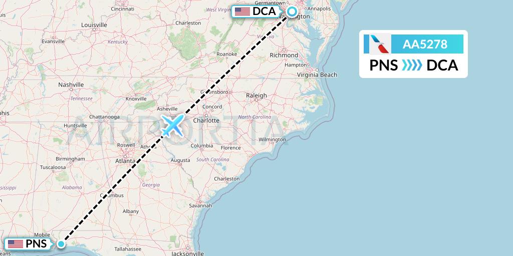 AA5278 American Airlines Flight Map: Pensacola to Washington