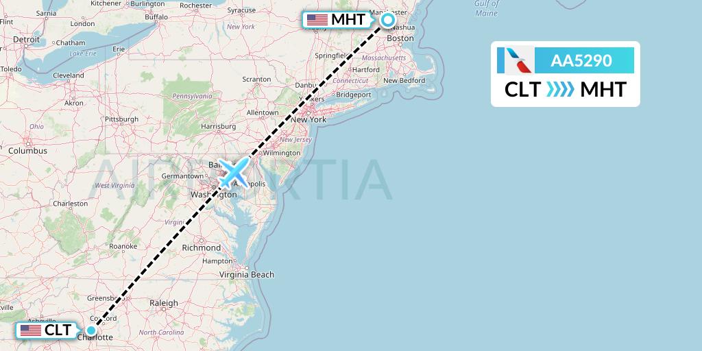 AA5290 American Airlines Flight Map: Charlotte to Manchester