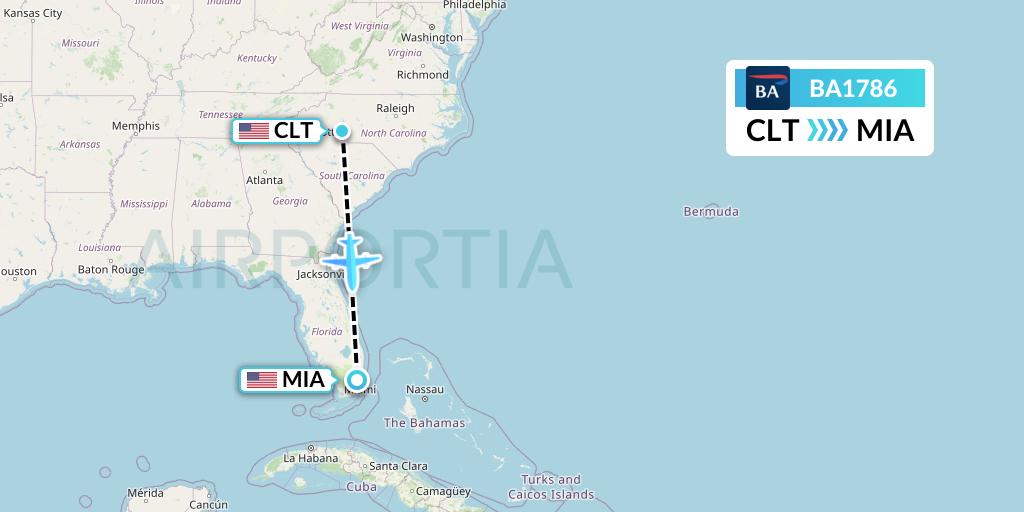 BA1786 British Airways Flight Map: Charlotte to Miami