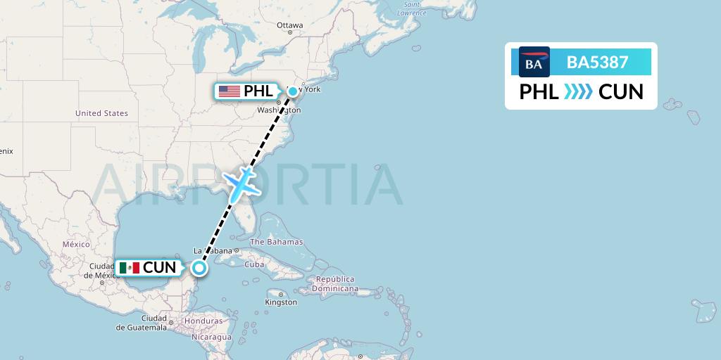 BA5387 British Airways Flight Map: Philadelphia to Cancun
