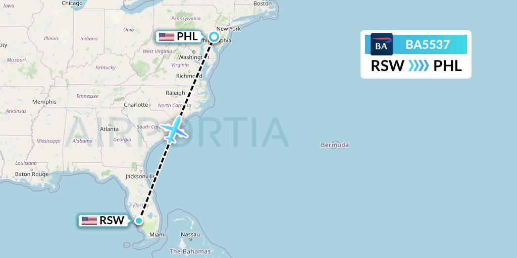 BA5537 British Airways Flight Map: Fort Myers to Philadelphia