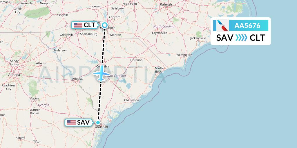 AA5676 American Airlines Flight Map: Savannah to Charlotte