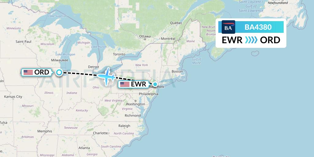 BA4380 British Airways Flight Map: New York to Chicago