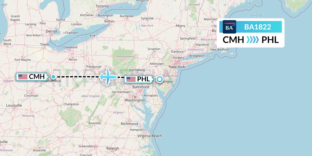 BA1822 British Airways Flight Map: Columbus to Philadelphia