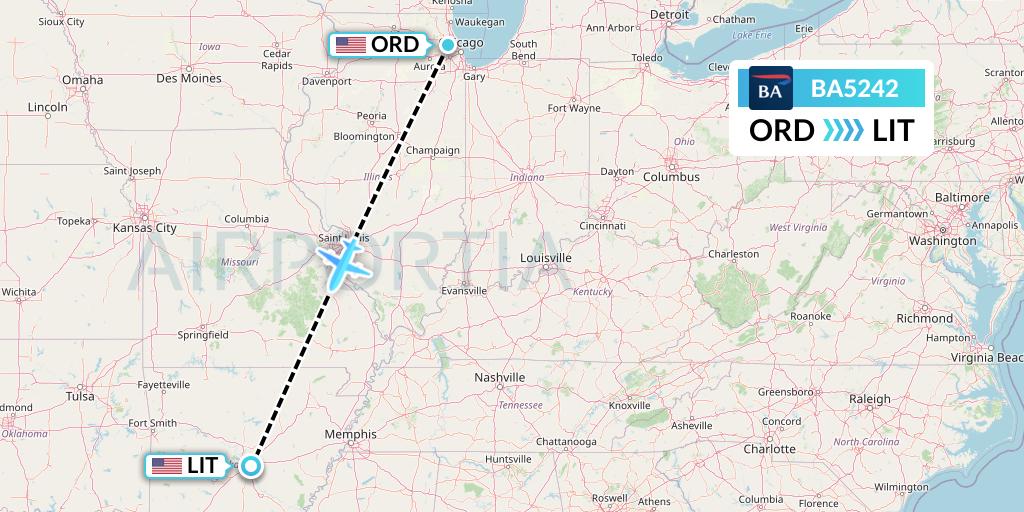 BA5242 British Airways Flight Map: Chicago to Little Rock