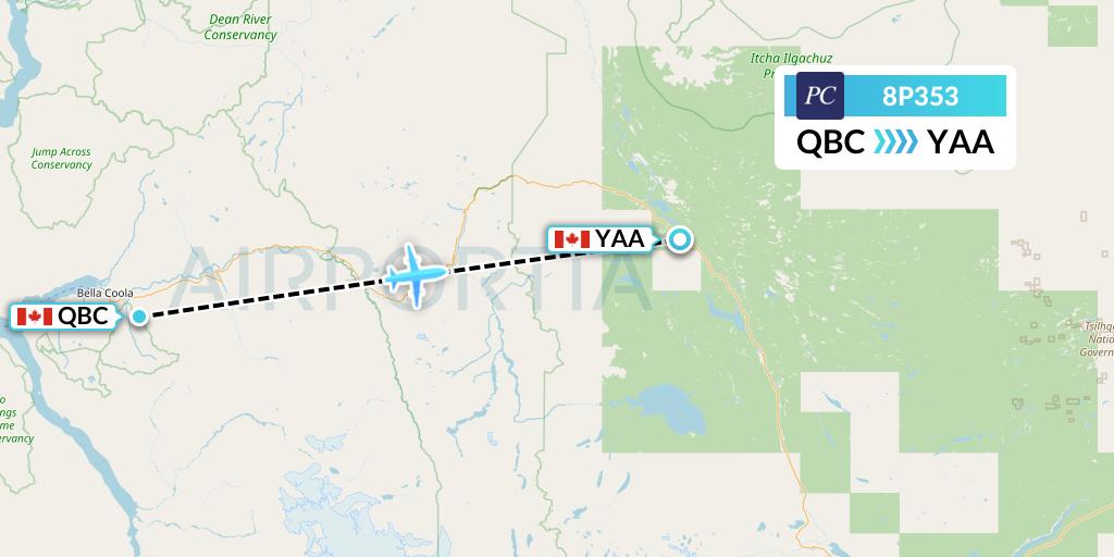 8P353 Pacific Coastal Airlines Flight Map: Bella Coola to Anahim Lake