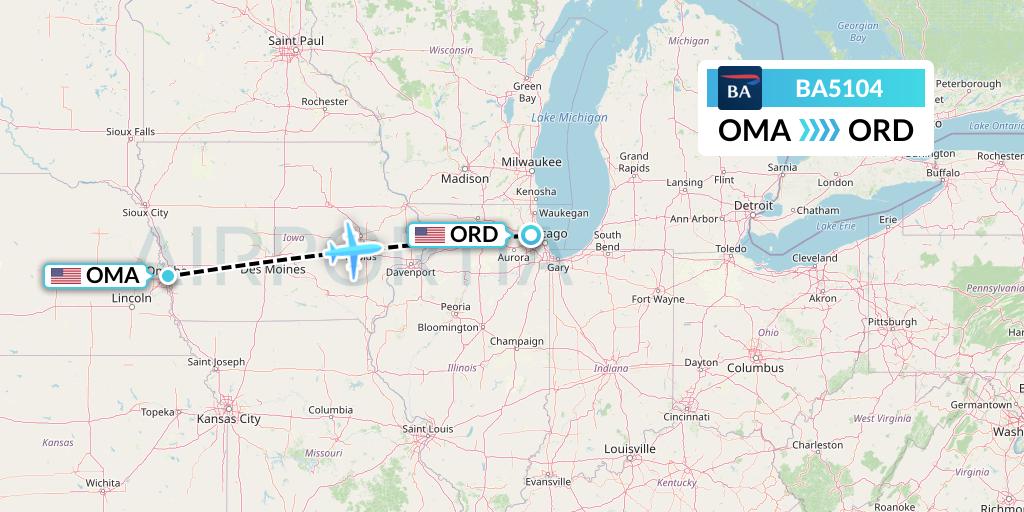 BA5104 British Airways Flight Map: Omaha to Chicago