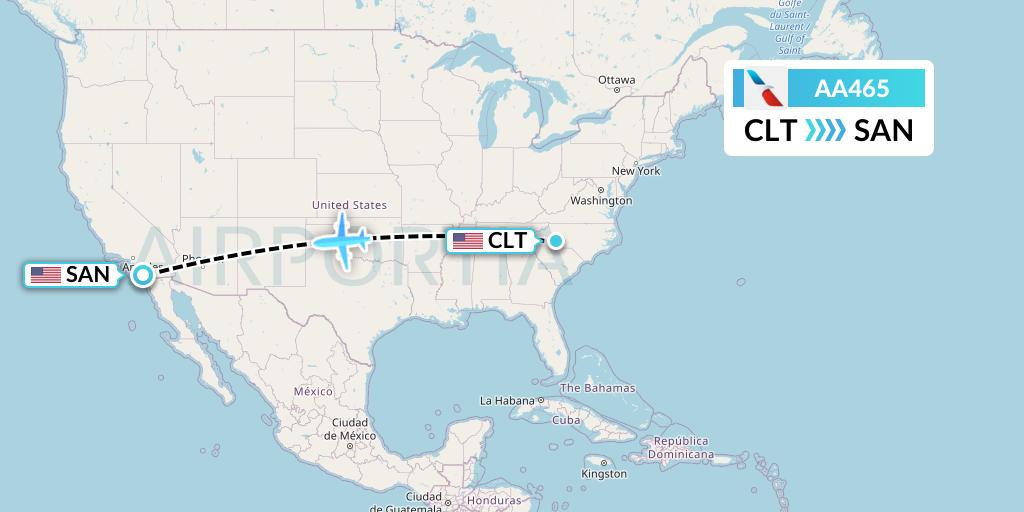 AA465 American Airlines Flight Map: Charlotte to San Diego