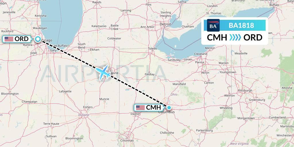 BA1818 British Airways Flight Map: Columbus to Chicago