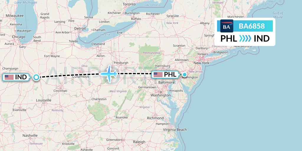BA6858 British Airways Flight Map: Philadelphia to Indianapolis