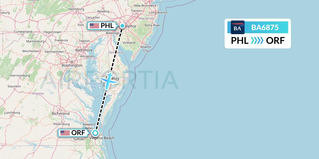 BA6875 British Airways Flight Map: Philadelphia to Norfolk