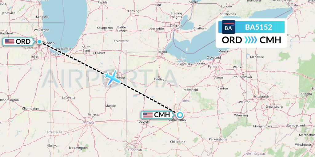BA5152 British Airways Flight Map: Chicago to Columbus