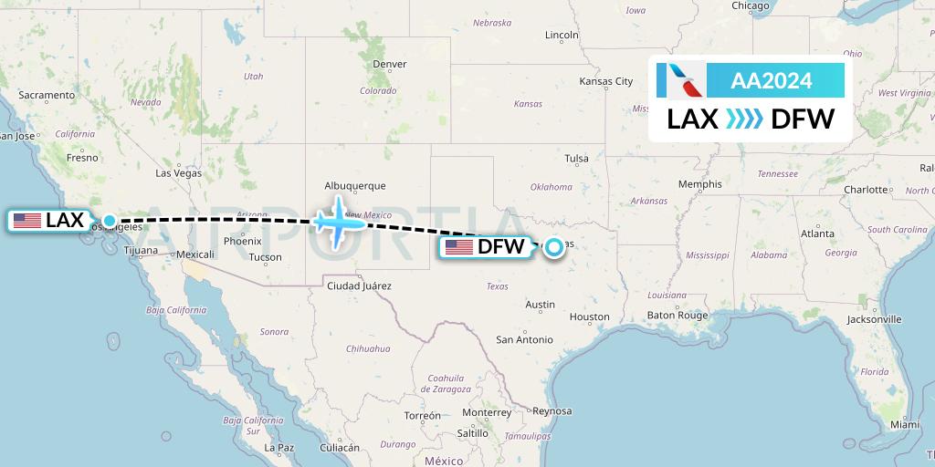 AA2024 American Airlines Flight Map: Los Angeles to Dallas