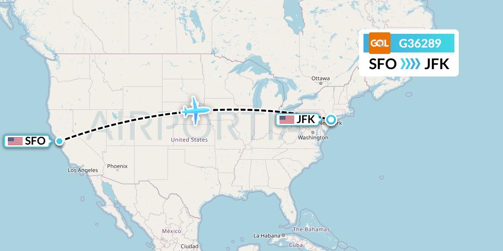 G36289 GOL Transportes Aeros Flight Map: San Francisco to New York