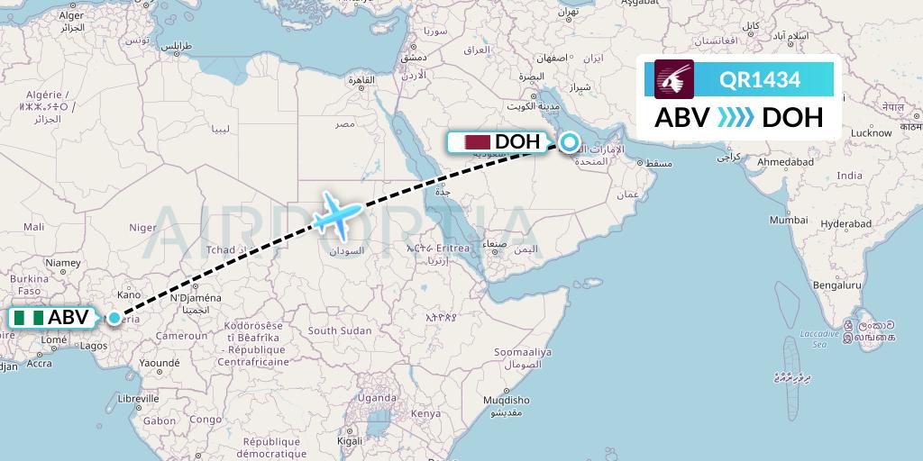 QR1434 Qatar Airways Flight Map: Abuja to Doha