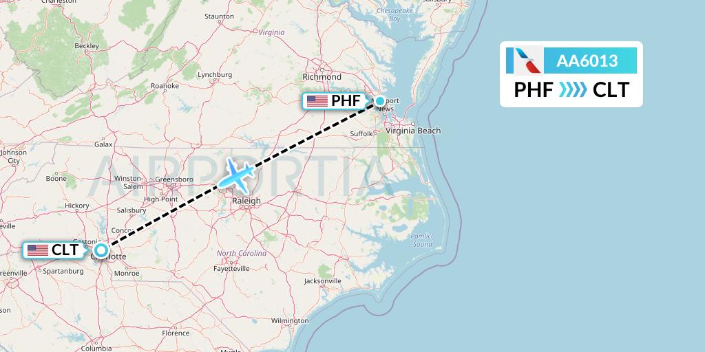 AA6013 American Airlines Flight Map: Newport News to Charlotte