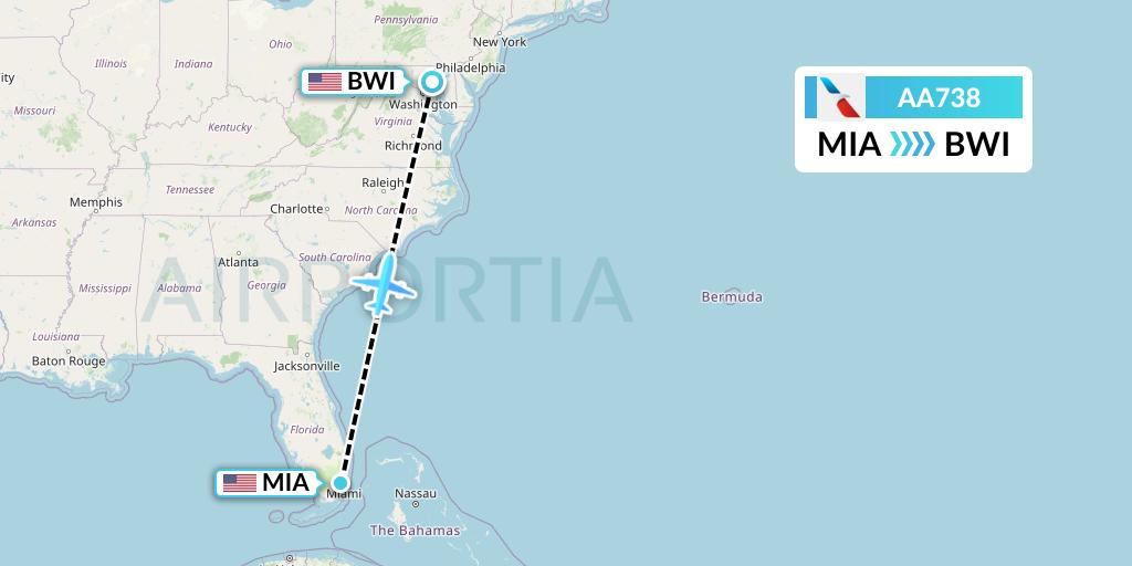 AA738 American Airlines Flight Map: Miami to Baltimore