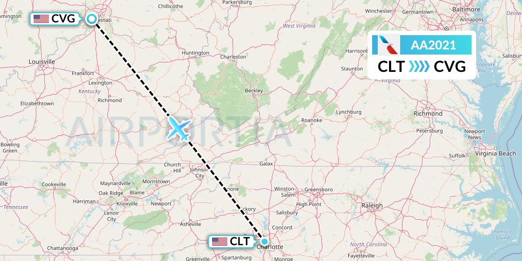 AA2021 American Airlines Flight Map: Charlotte to Cincinnati