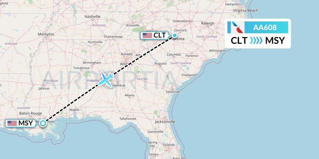 AA608 American Airlines Flight Map: Charlotte to New Orleans