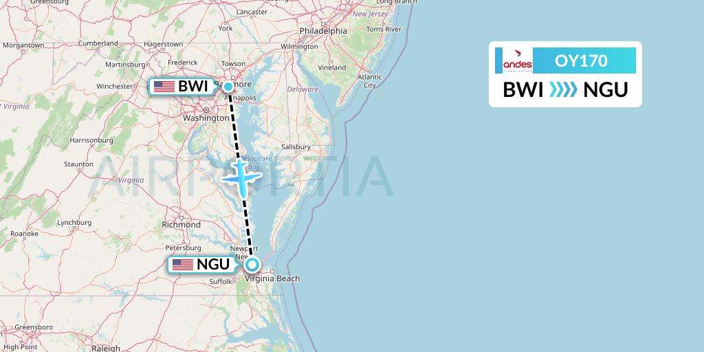 OY170 Omni Air International Flight Map: Baltimore to Norfolk