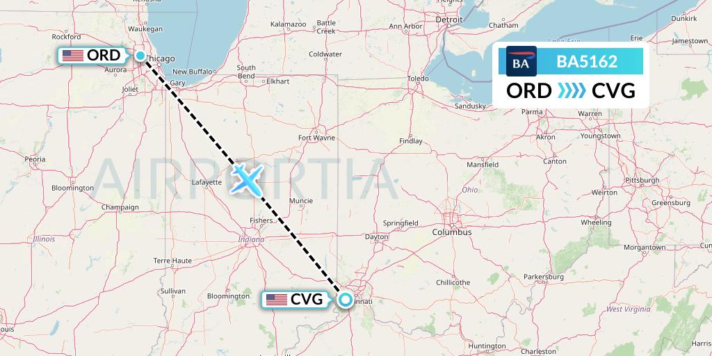 BA5162 British Airways Flight Map: Chicago to Cincinnati
