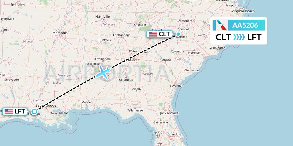 AA5206 American Airlines Flight Map: Charlotte to Lafayette