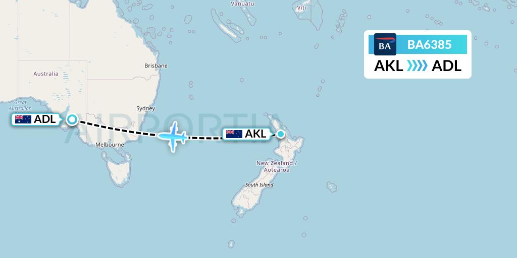 BA6385 British Airways Flight Map: Auckland to Adelaide