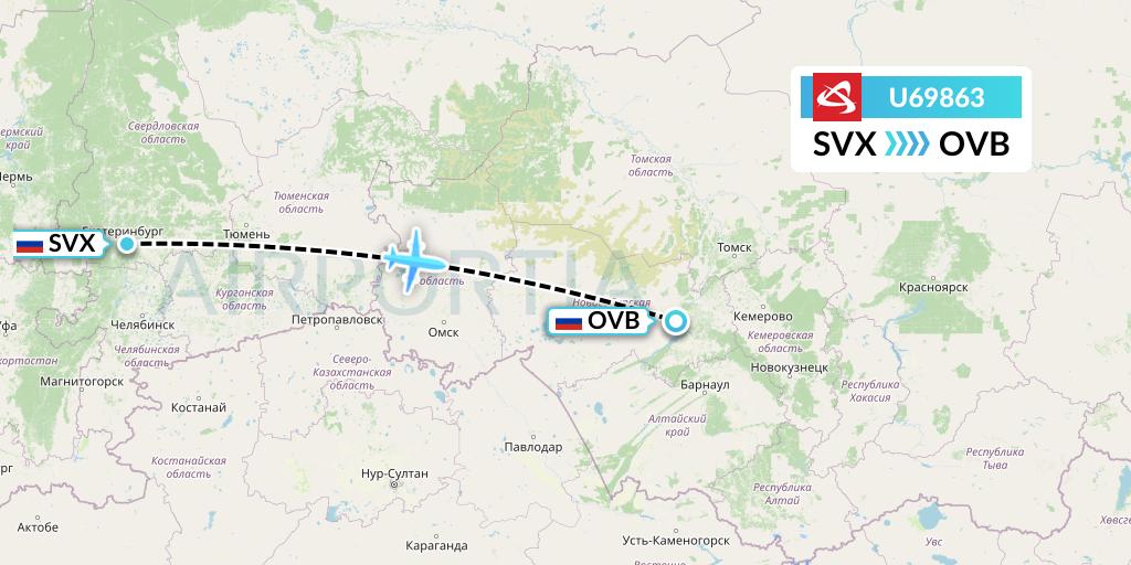 U69863 Ural Airlines Flight Map: Yekaterinburg to Novosibirsk