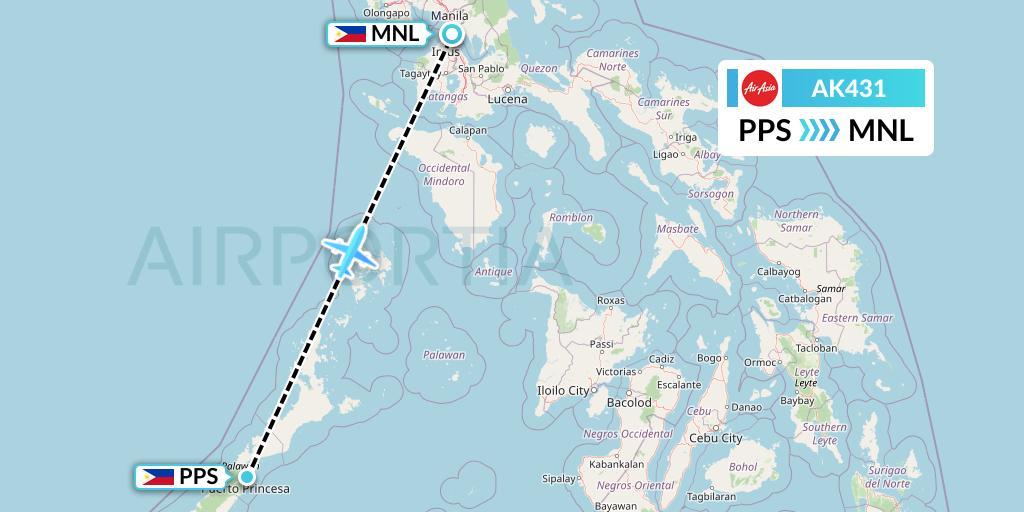 AK431 AirAsia Flight Map: Puerto Princesa City to Manila