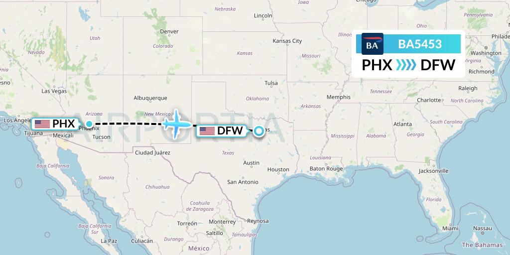 BA5453 British Airways Flight Map: Phoenix to Dallas
