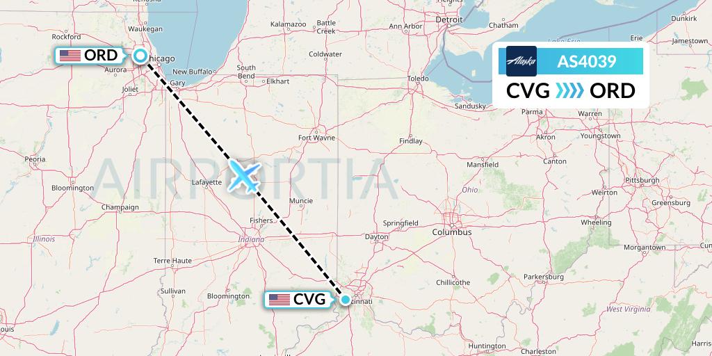 AS4039 Alaska Airlines Flight Map: Cincinnati to Chicago