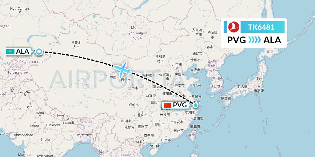 TK6481 Turkish Airlines Flight Map: Shanghai to Almaty