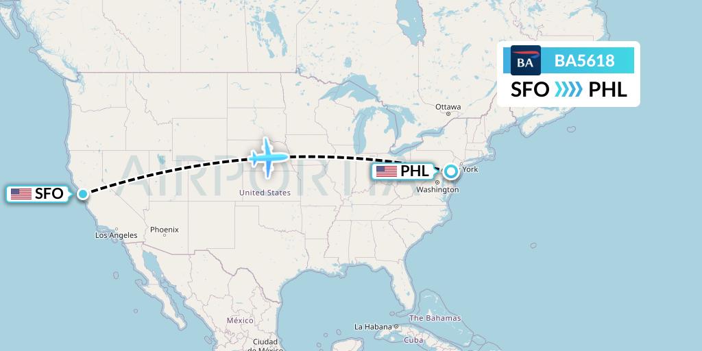 BA5618 British Airways Flight Map: San Francisco to Philadelphia
