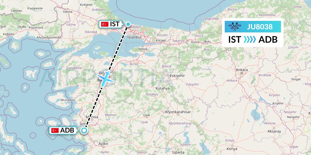 JU8038 AirSERBIA Flight Map: Istanbul to Izmir