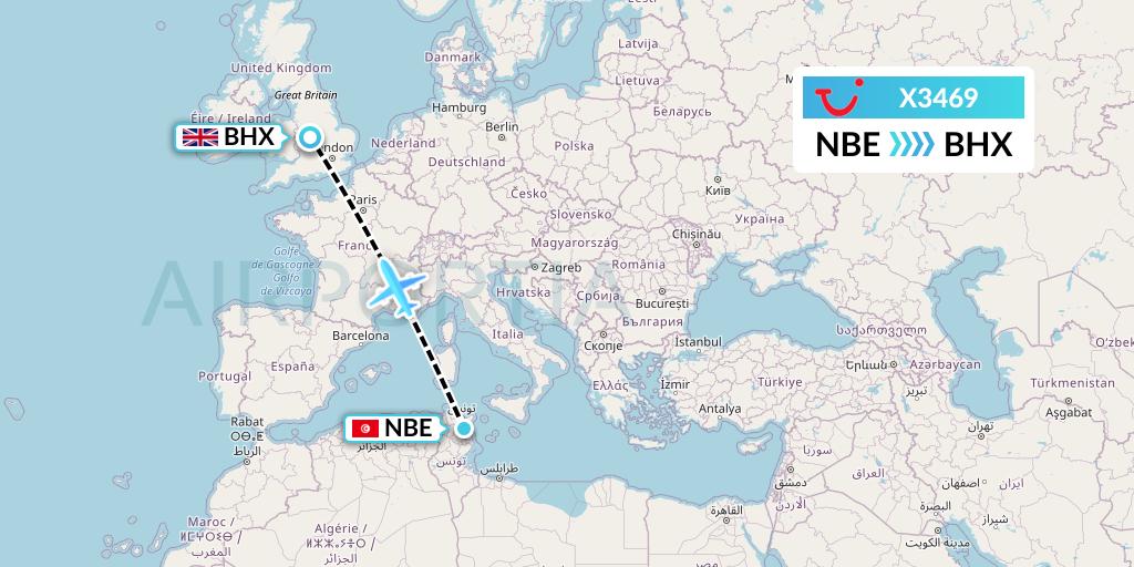 X3469 TUI fly Germany Flight Map: Enfidha to Birmingham