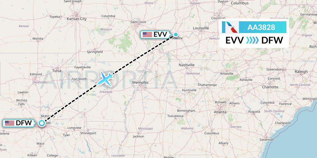 AA3828 American Airlines Flight Map: Evansville to Dallas