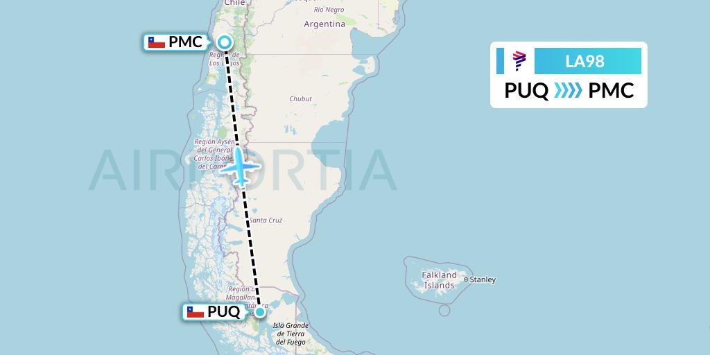 LA98 LAN Airlines Flight Map: Punta Arenas to Puerto Montt