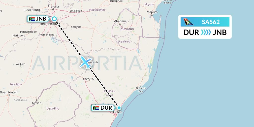 SA562 South African Airways Flight Map: Durban to Johannesburg