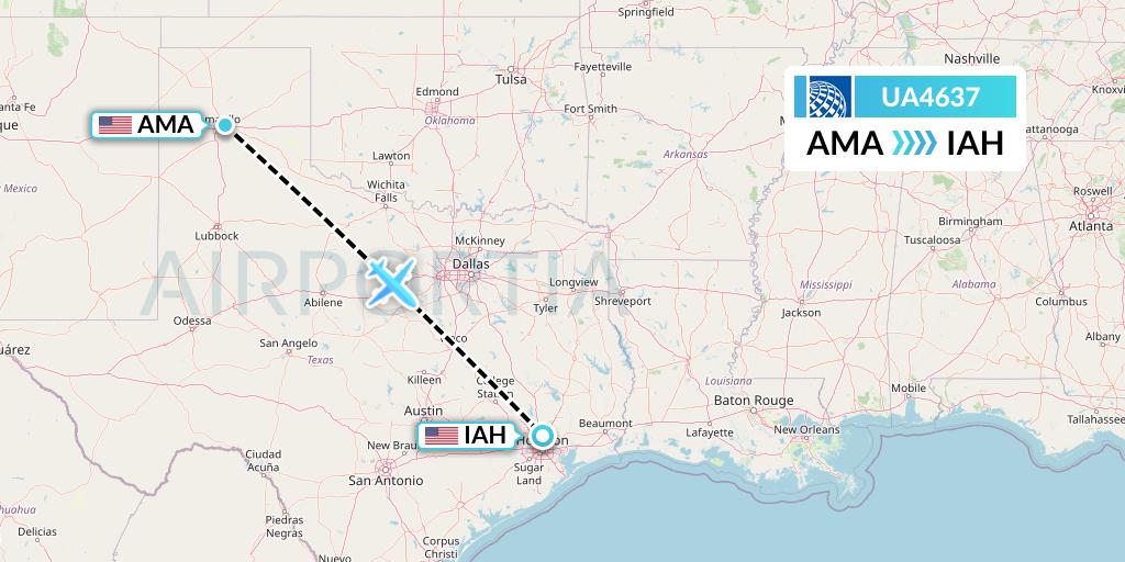 UA4637 United Airlines Flight Map: Amarillo to Houston