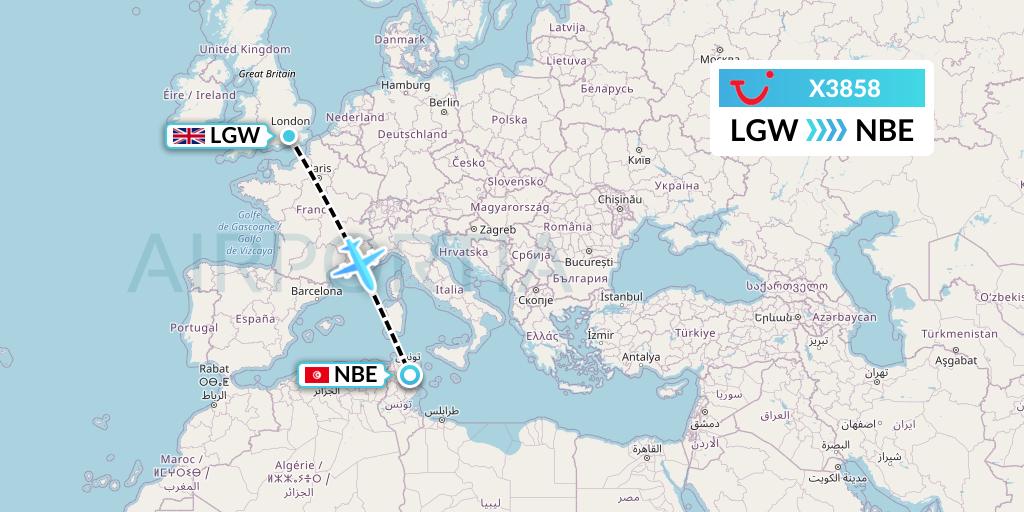 X3858 TUI fly Germany Flight Map: London to Enfidha
