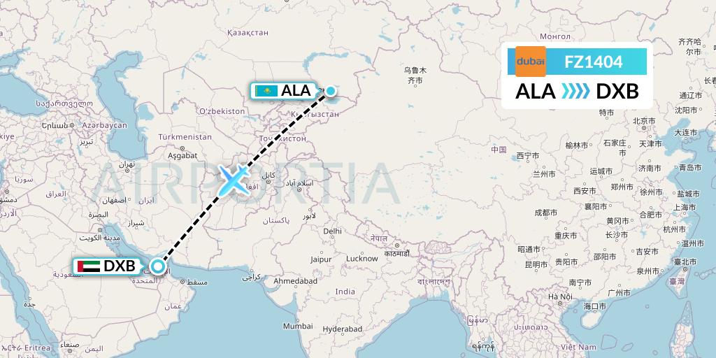 FZ1404 FlyDubai Flight Map: Almaty to Dubai