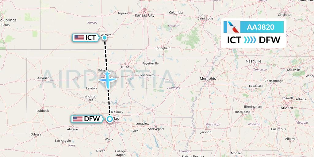 AA3820 American Airlines Flight Map: Wichita to Dallas