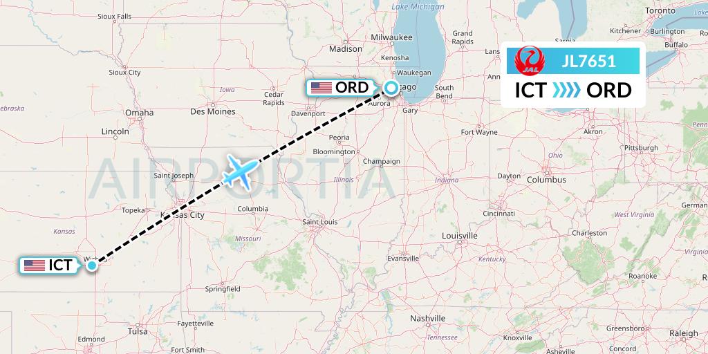 JL7651 Japan Airlines Flight Map: Wichita to Chicago